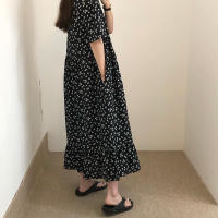Nuevo Vestido Largo Floral Para Mujer Estilo Retro Versátil Casual Trabajo Vacaciones Manga Corta Negro A-Line Cuello O Pullover - details 3
