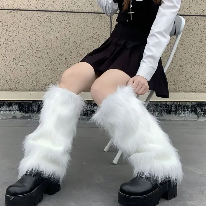 Calentadores De Piernas De Pelo Artificial Para Mujer En Colores Negro Y Blanco Estilo Japonés Lolita Para Otoño E Invierno - 1