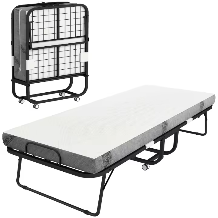 HOMCOM Cama Plegable 200x80 cm con 4 Ruedas, Cama de Camping Portátil, con Colchón Individual de 10 cm, Marco de Acero, Carga 150 kg, para Dormitorio, Salón, Oficina, Blanco - 1
