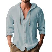 Camisa Casual Para Hombre De Color Sólido Con Capucha Y Cuerda Ajustable De Algodón Y Lino Estilo High Street Top Versátil Para El Día - details 1