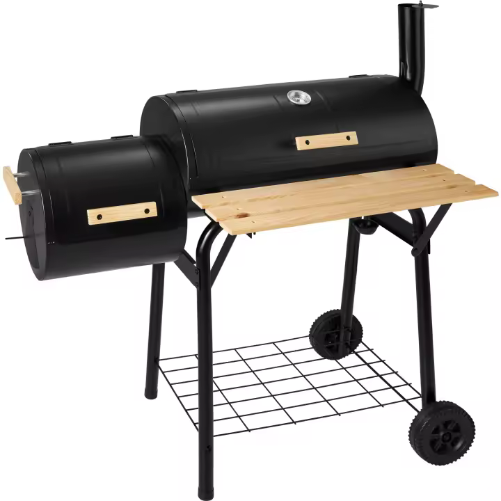 Tectake - Grill barbacoa para carbón con termómetro  Grill barbacoa multifunciones ideal para asar, cocer y ahumar  Termómetro en la parte superior, tubo de ventilación  Soporte de madera en el frontal - 1
