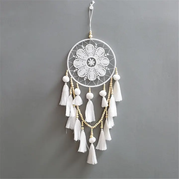 Blanco hecho a mano macrame Dreamcatcher con borlas decoración Boho circular Dreamcatcher para la decoración de pared, niños dormitorio, Decoración el hogar - 1