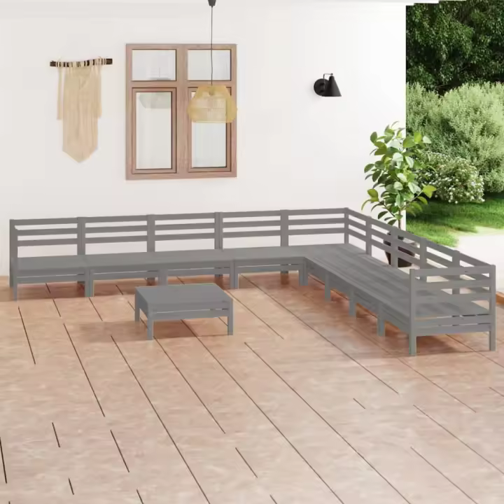 vidaXL Juego de muebles de jardín 10 piezas madera maciza de pino gris - 1