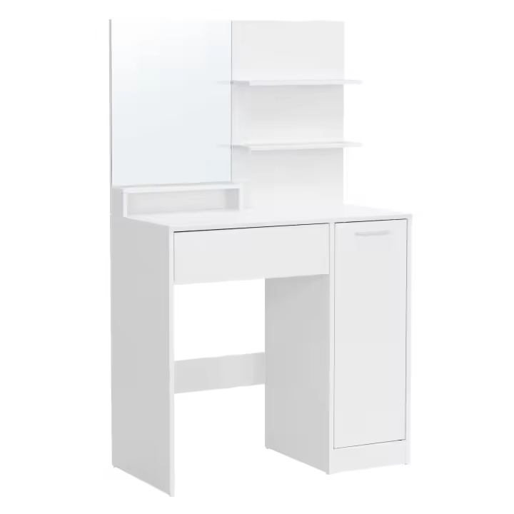 VASAGLE Tocador, Mesa de Maquillaje con Espejo Grande, Gabinete con 2 Estantes Ajustables, 1 Cajón, 2 Estantes Abiertos,Estilo Moderno, Blanco - 1
