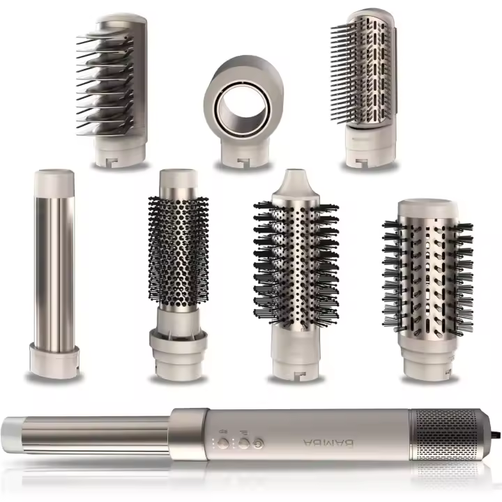 Moldeador Cecotec Bamba 8 en 1 CeramicCare AirGlam Aluminum Champagne multifunción con tecnología Coanda que moldea, riza, peina, seca y elimina el efecto frizz, 3 velocidades, 3 temperaturas, y control inteligente. calor. Motor digital 1400 W de potencia - 1