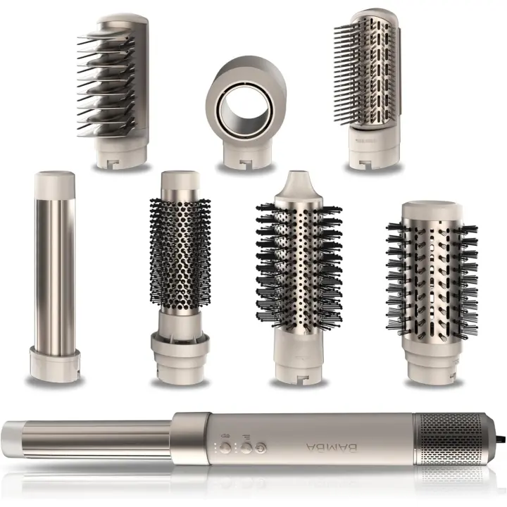 Moldeador Cecotec Bamba 8 en 1 CeramicCare AirGlam Aluminum Champagne multifunción con tecnología Coanda que moldea, riza, peina, seca y elimina el efecto frizz, 3 velocidades, 3 temperaturas, y control inteligente. calor. Motor digital 1400 W de potencia - 1