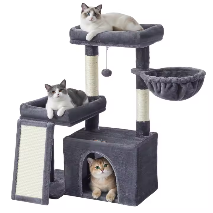 Feandrea Árbol para Gatos, Torre de Juegos con 2 Camas Grandes, Postes Rascadores y Rampa, 85,8 cm de Altura, Gris Paloma/ Gris Oscuro/ Beige Arena - 1