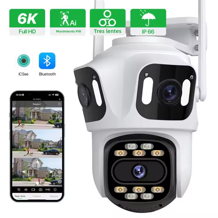 Cámara PTZ De Seguridad 4K Exterior Con Lente Doble Y Tres Pantallas Cámara WiFi 6 HD Exterior Auto Tracking iCsee Resistente Al Clima - 1