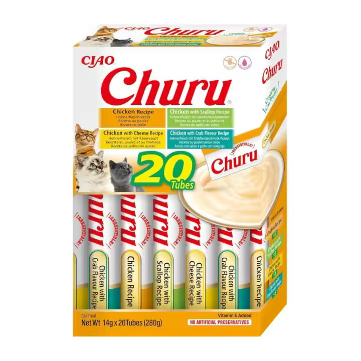 INABA Churu Box - Premios para Gatos - Snacks Saludables a Base de Atún, Varios Sabores - Textura Cremosa - Sin Cereales, Conservantes, Colorantes - 20x14g - 1