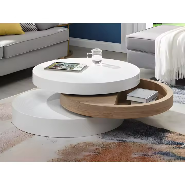 Vente-unique - Mesa de centro pivotante JANITA - MDF - Blanco y roble - 1