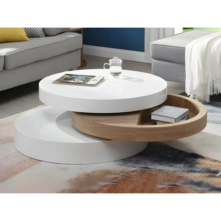 Vente-unique - Mesa de centro pivotante JANITA - MDF - Blanco y roble - 1