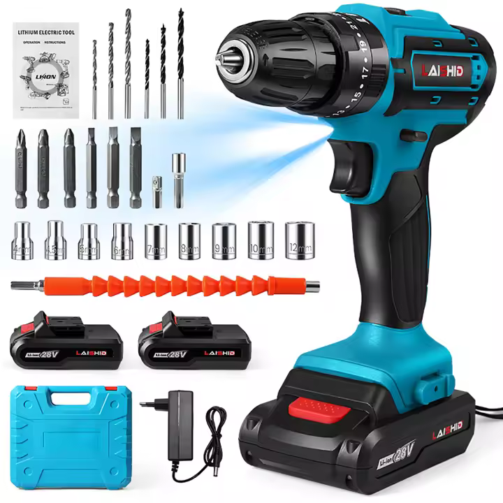 21V Li-ion Batería Taladro 32N-m Alto Par Doble Velocidad Ajustable 0-350/1350RPM 6500mAh Doble Batería Ultra Larga Vida IPX4 Impermeable Juego de Herramientas Eléctricas 24 Piezas Accesorios Destornillador Eléctrico Taladro de Mano - 1