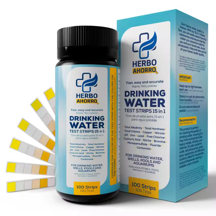 Tiras Reactivas 15 en 1 para Agua Potable – Análisis Rápido y Preciso de Calidad del Agua – Agua Bebible - Ideal para el Hogar, Pozos, Piscinas y Acuarios – 100 Unidades - 1