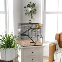 PawHut Jaula para Hámster Casa para Animales Pequeños con Fondo de Vidrio Plataformas Cuenco Bebedero Casita Rampas y Rueda de Ejercicio 60x40x54,5 cm Negro - details 1