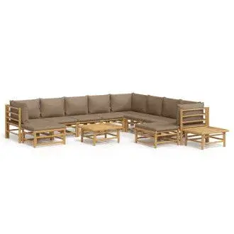 VIDAXL set de sofás centrales y esquineros para jardín de 12 piezas fabricado en bambú con cojines de color gris topo vida xl - 1
