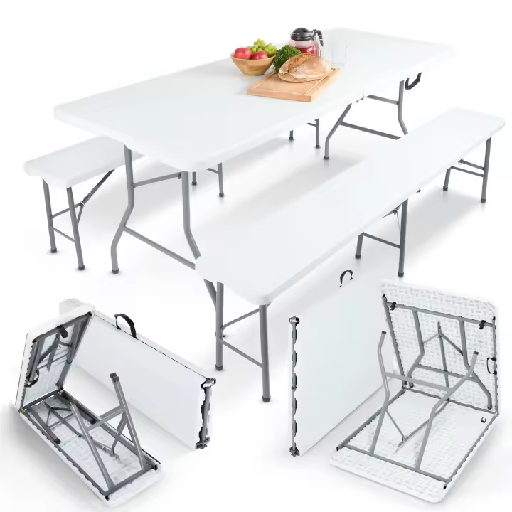 Arebos | Mesa Plegable y 2 Bancos | Mesa Plegable Portatil | Blanco | 7,25 kg por banco | MAX 150 kg | Mesa Plegable Camping - 1