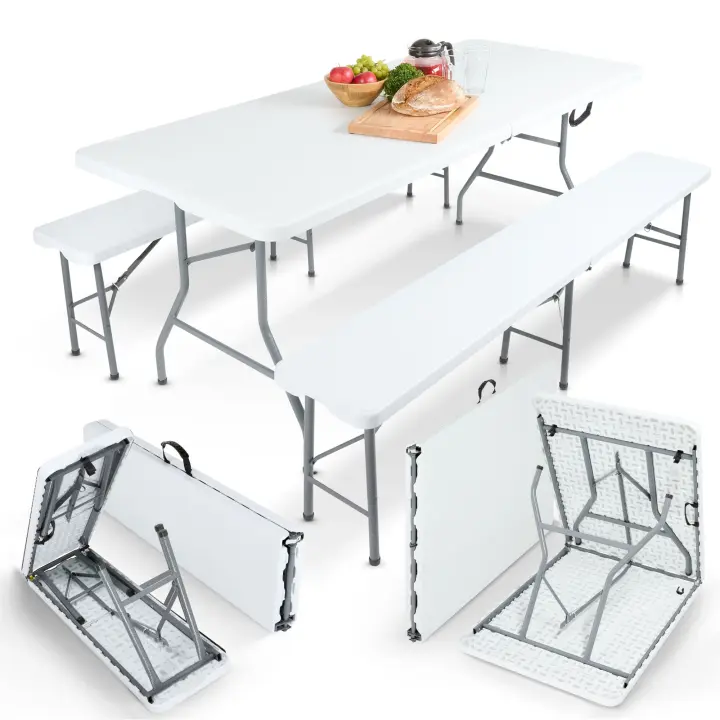 AREBOS | Mesa Plegable y 2 Bancos | Mesa Plegable Portatil | Blanco | 7,25 kg por banco | MAX 150 kg | Mesa Plegable Camping - 1