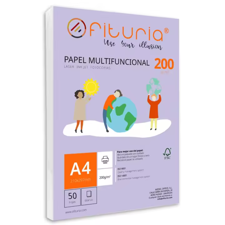 Paquete de folios A4 de 200gr con 50 Hojas Blancas, Papel Multifuncional para Uso Escolar y Entornos Laborales. Ideal con impresoras láser, de inyección o fotocopiadoras - Ofituria - 1