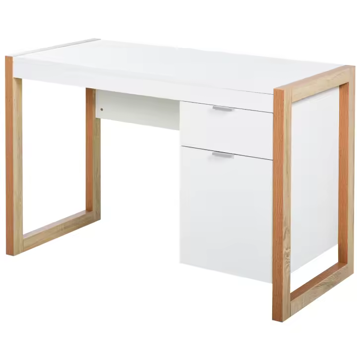HOMCOM Mesa de Escritorio Mesa de Ordenador Espaciosa con Cajón Armario Patas de Forma Rectangular Estilo Moderno Decoración Adicional 112,5x50x75,5 cm Blanco - 1