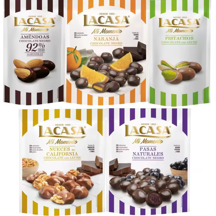 Lacasa Mi Momento pack de 5:Pistacho Chocolate Leche ,Almendra 92% ,Nueces Chocolate Leche,Pasas Chocolate Negro ,Naranja Chocolate Negro - 1