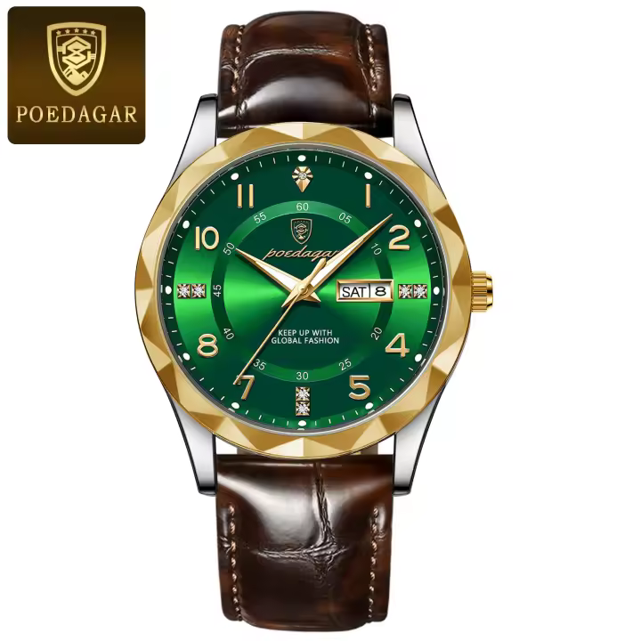 Reloj De Pulsera De Cuarzo De Lujo Para Hombre POEDAGAR Resistente Al Agua Con Fecha Y Semana Lámpara Luminosa Correa De Cuero Deportivo - 1