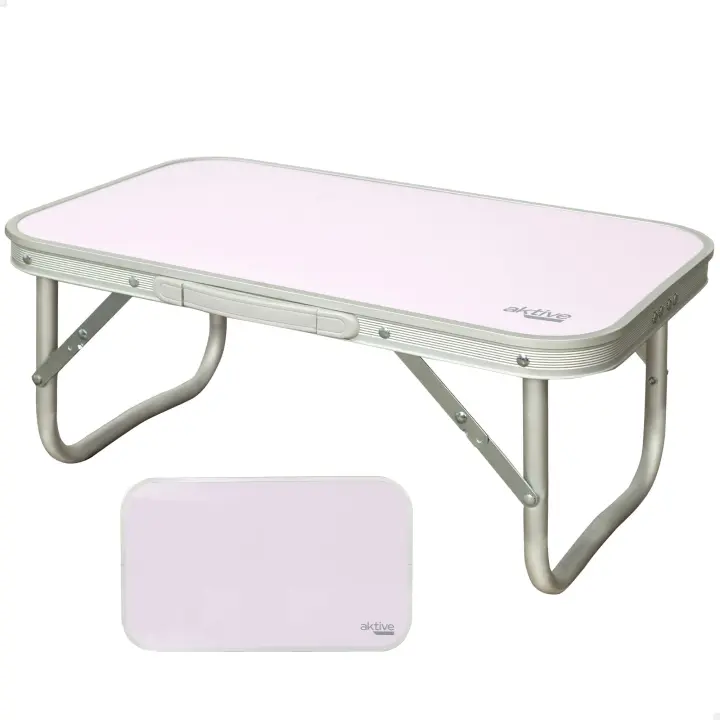 Aktive - Mesa baja plegable camping, color malva, 56x34x24 cm, uso exterior, patas plegables, soporta 30 kg, estructura aluminio (tubo 19 mm), tablero madera MDF, antideslizante, plegado compacto, mesa portátil, resistente y duradera, con asa tipo maletín - 1