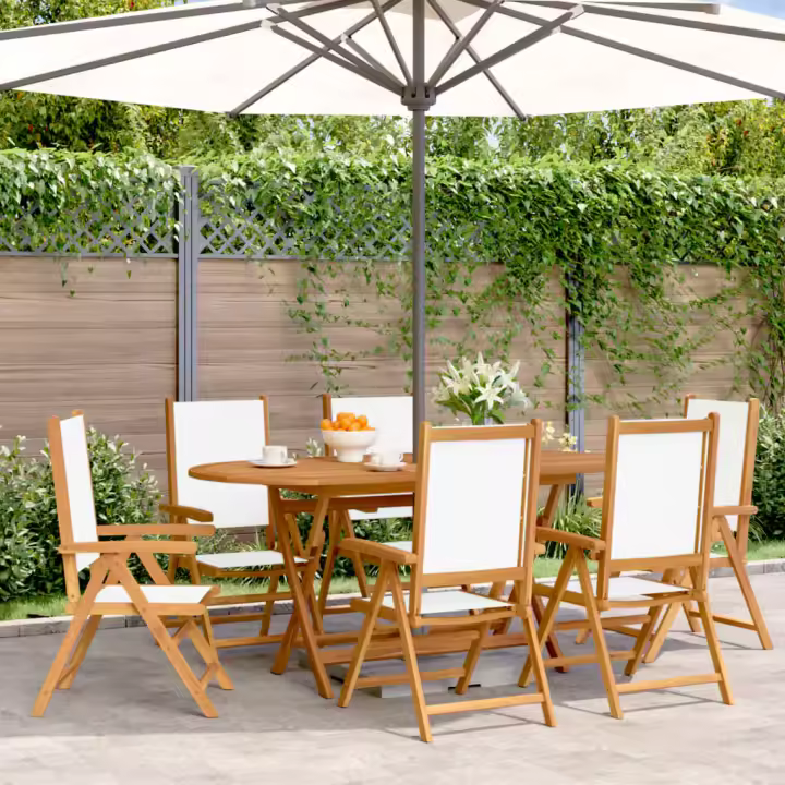 vidaXL Sillas jardín reclinables 6 uds tela madera maciza blanco crema - 1