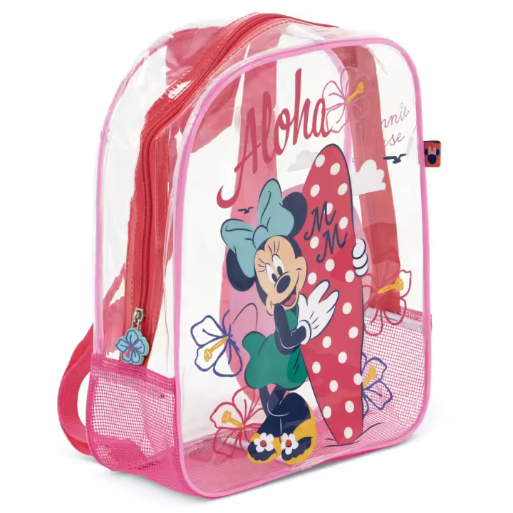 Mochila de Playa Minnie Mouse 31cm, Bolsa Playa Transparente con Rejilla Minnie Mouse Disney, Mochila Infantil para Niñas, Regalo Cumpleaños, Piscina, Camping, Campamento, Vacaciones, Color Rosa - 1