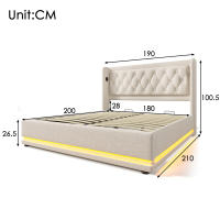 Cama Doble Tapizada en Algodón Beige 180x200 cm | Cama Hidráulica with Espacio de Almacenamiento | Cabecero with Cargas USB Typo-C | Iluminación LED en Tres Lados | Sin Colchón Includo | Diseño Moderno para Habitación principal - details 6