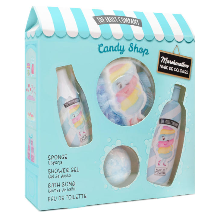 The Fruit Company Candy Shop Nube de Colores | Set de Baño con Gel de Ducha, Colonia, Bomba Efervescente y Esponja | Aroma Dulce y Cremoso a Algodón de Azúcar | Cuidado Corporal para Mujer y Niña | Fragancia Suave, Divertida y Cruelty Free