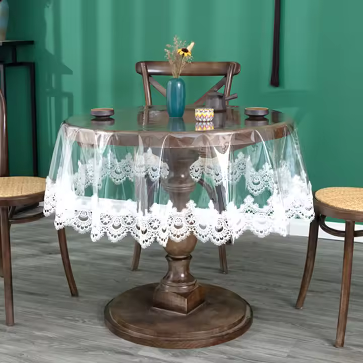 Mantel De Lámina Transparente De Encaje Bordado PVC Para Mesa Redonda Hogar Resistente Al Agua Y Aceite Estilo Europeo - 1