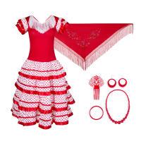 Vestido Flamenco Mujer Niña+Peineta+Collar+Pulsera+Pendientes+ mantón rojo flor , Vestido Sevillanas Español Tradicional para Feria Abril Sevilla Actuaciones Baile - details 4