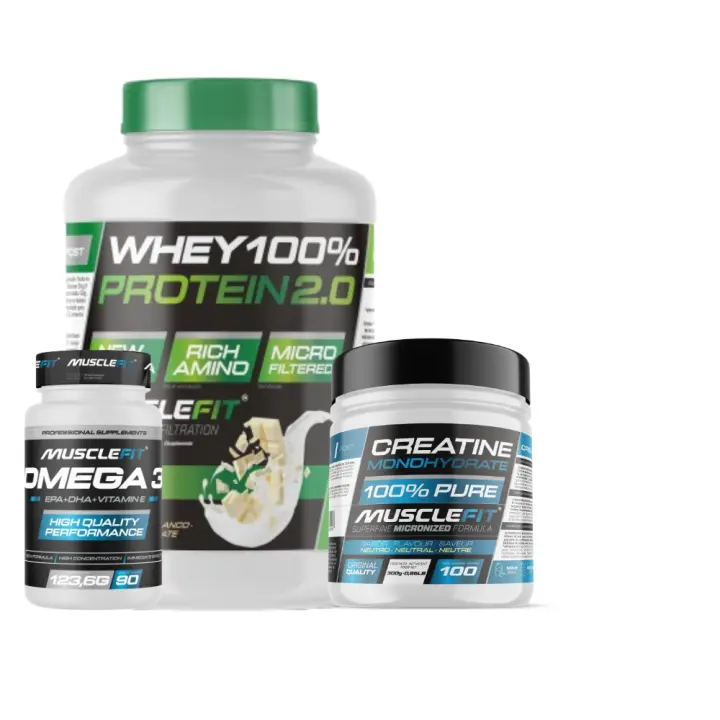 Pack Proteína WHEY 2kg + Creatina 300g + Omega 3 90cáps - Musclefit  Avance Muscular│Mas musculos│Vitaminas - 1