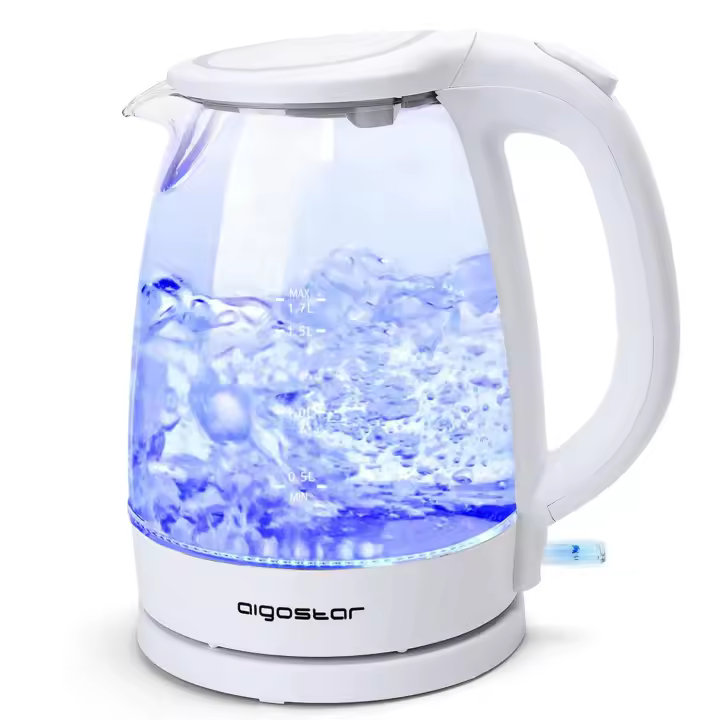 Aigostar Hervidor de Cristal 1,7 L Vidrio Borosilicato Hervidor de Agua Eléctrico con iluminación LED, 2200W Ebullición Rápida con Libre de BPA, Filtro Antical, Apagado Automático, Base 360º, Blanco - 1