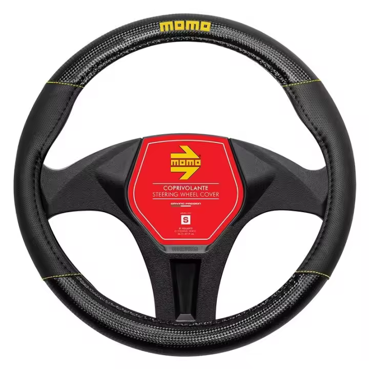 FUNDA VOLANTE MOMO CARBON UNIVERSAL NEGRO Y AMARILLO 38-39CM - 1