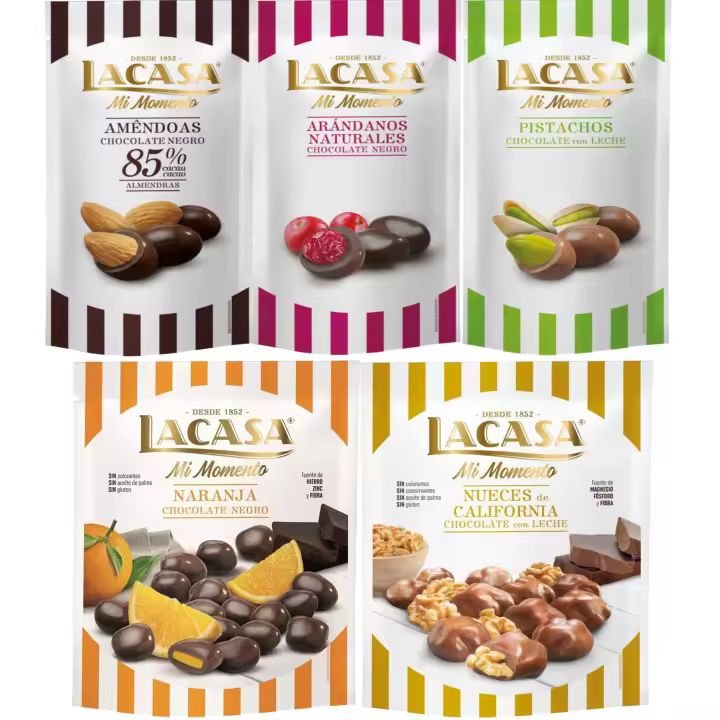 Lacasa Mi Momento pack de 5:Arándano  Negro 60 G,Pistacho  Leche 50 G,Almendra 85% 65 G,Nueces  Leche 115 G,Naranja  Negro 125 G - 1