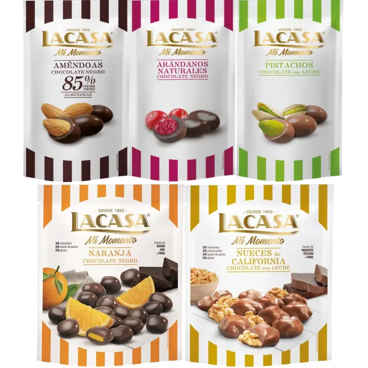 Lacasa Mi Momento pack de 5:Arándano  Negro 60 G,Pistacho  Leche 50 G,Almendra 85% 65 G,Nueces  Leche 115 G,Naranja  Negro 125 G - 1