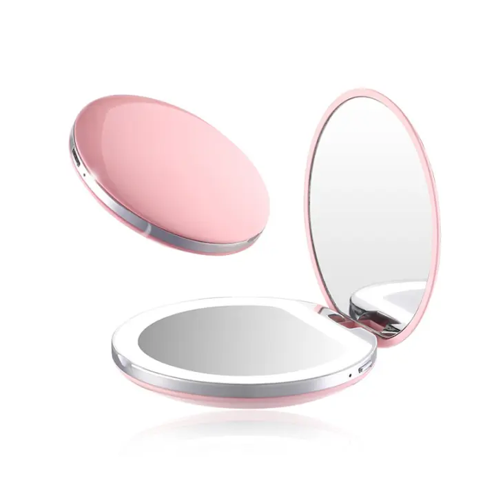 Espejo de bolsillo con luz LED, aumento de 1x/3x - Espejo de maquillaje de mano grande con luz natural (rosa) - 1