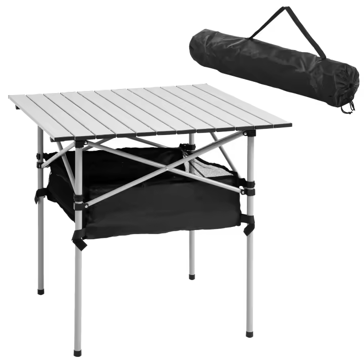 Outsunny Mesa de Camping Plegable Mesa de Picnic con Espacio Almacenaje de Malla y Bolsa de Transporte para Jardín Patio Exterior 70x70x69 cm - 1