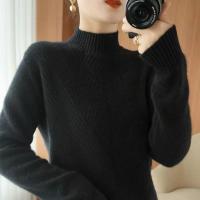 Abrini Suéter De Lana Mujer Otoño Invierno Vestido Elegante Lady Office Mock Neck Ribbed Solido A-Line Pullover De Cuello Alto - details 3