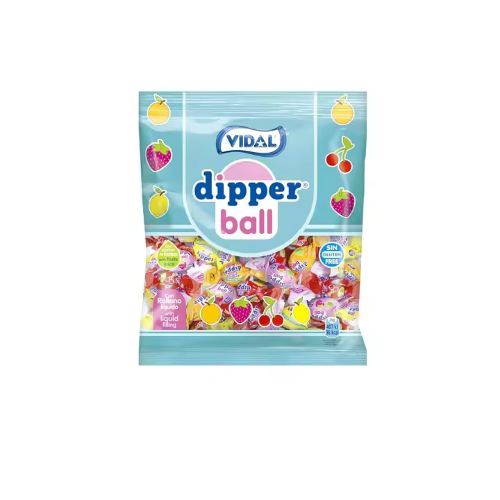 Vidal Golosinas. Dipper Ball, caramelo blando relleno. Sabores surtidos: fresa, limón, cereza y naranja. Bolsa de 900g - 1
