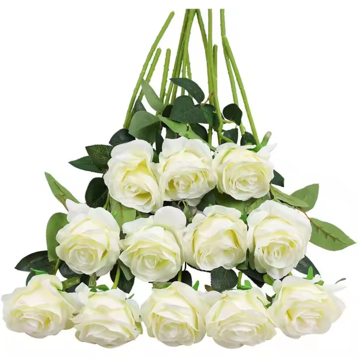 12 rosas artificiales, 19,68'', tallo largo único, rosa falsa de seda, ramo de novia, boda, flor realista para el hogar, jardín, fiesta, hotel, decoración de oficina (blanco) - 1
