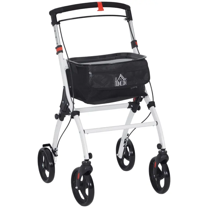 HOMCOM Andador para Ancianos Plegable de Aluminio Andador para Personas Mayores con 4 Ruedas y Bandeja Andador con Altura Ajustable Frenos de Maneta y Bolsa de Transporte Blanco - 1