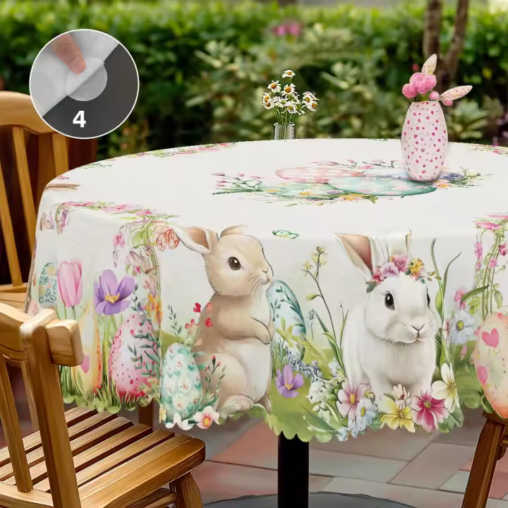 Mantel Redondo De Pascua Con Diseño De Tulipán Conejito Y Huevo En Pintura Acuarela Tamaño Variado Decoración De Jardín De Primavera Para Uso Diario En Cocina Terraza - 1