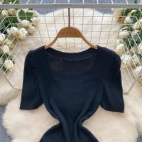 Vestido De Punto REALEFT Vintage De Verano Para Mujer Con Mangas Escaleras Estilo Casual Cuello Cuadrado Ajustado Hasta La Cintura - details 10