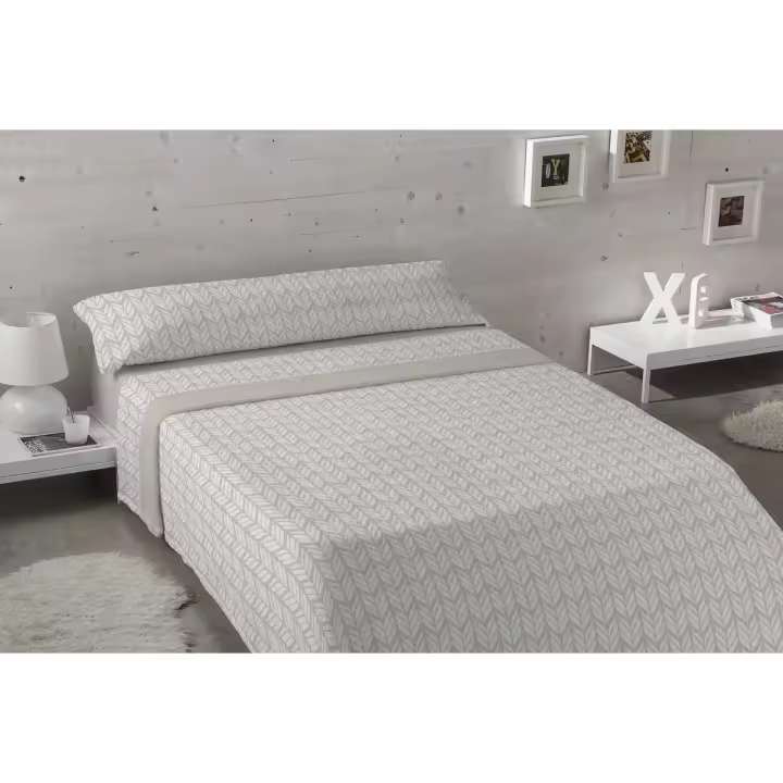 KARAMELO - Juego de sábanas de coralina con estampado de hojas color beige modelo Veda - 1