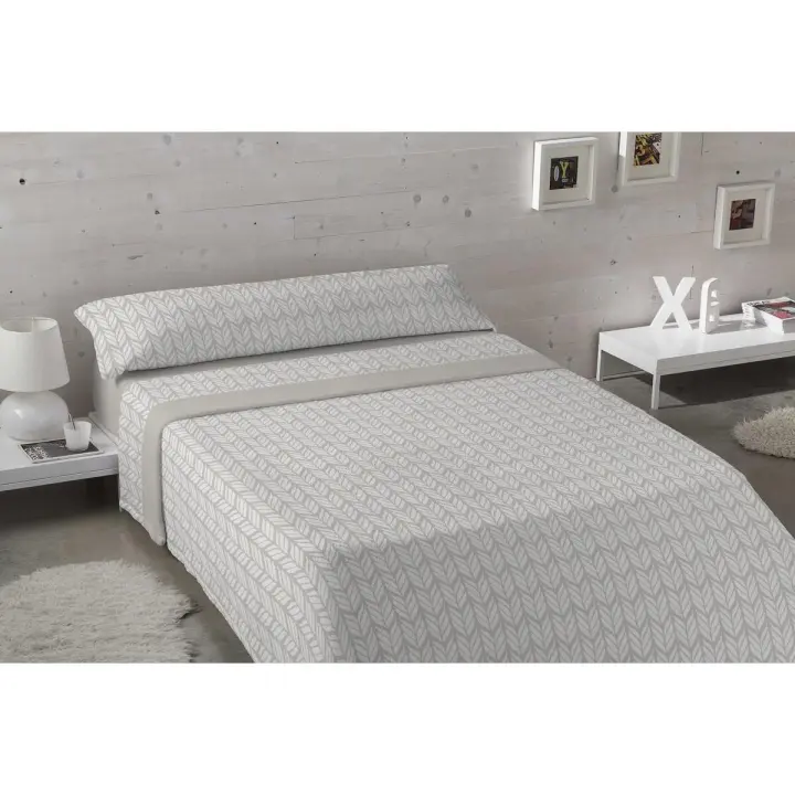 KARAMELO - Juego de sábanas de coralina con estampado de hojas color beige modelo Veda - 1