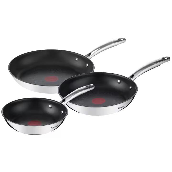 Tefal Duetto - Juego de 3 Sartenes, 20/24/28 cm acero inoxidable,revestimiento antiadherente de larga duración,fácil limpieza, apto para todo tipo de cocina - 1