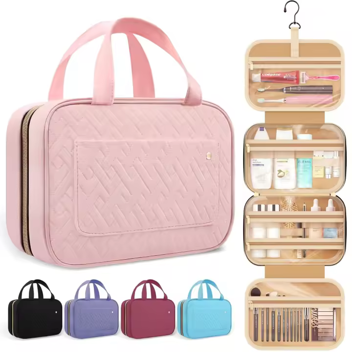 Neceser de viaje para Mujer con Gancho para Colgar, soporte para Cosméticos, neceser para Mujer Viajera, artículos Esenciales de viaje impermeables, Talla M, Rosa - 1