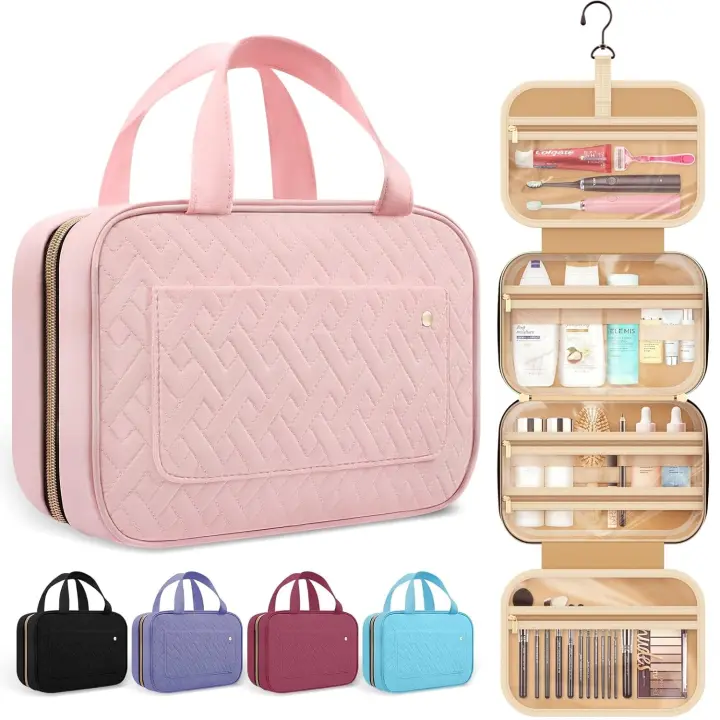 Neceser de viaje para Mujer con Gancho para Colgar, soporte para Cosméticos, neceser para Mujer Viajera, artículos Esenciales de viaje impermeables, Talla M, Rosa - 1